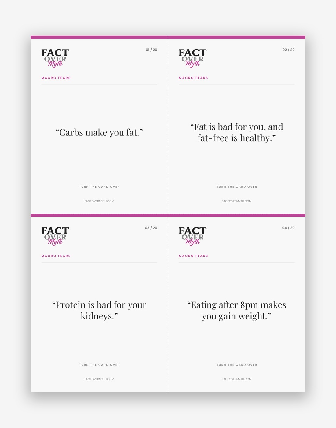 A printed sheet from the FACT OVER MYTH 20-Myth Flashcard Deck, four cards to a US Letter page with cut lines.